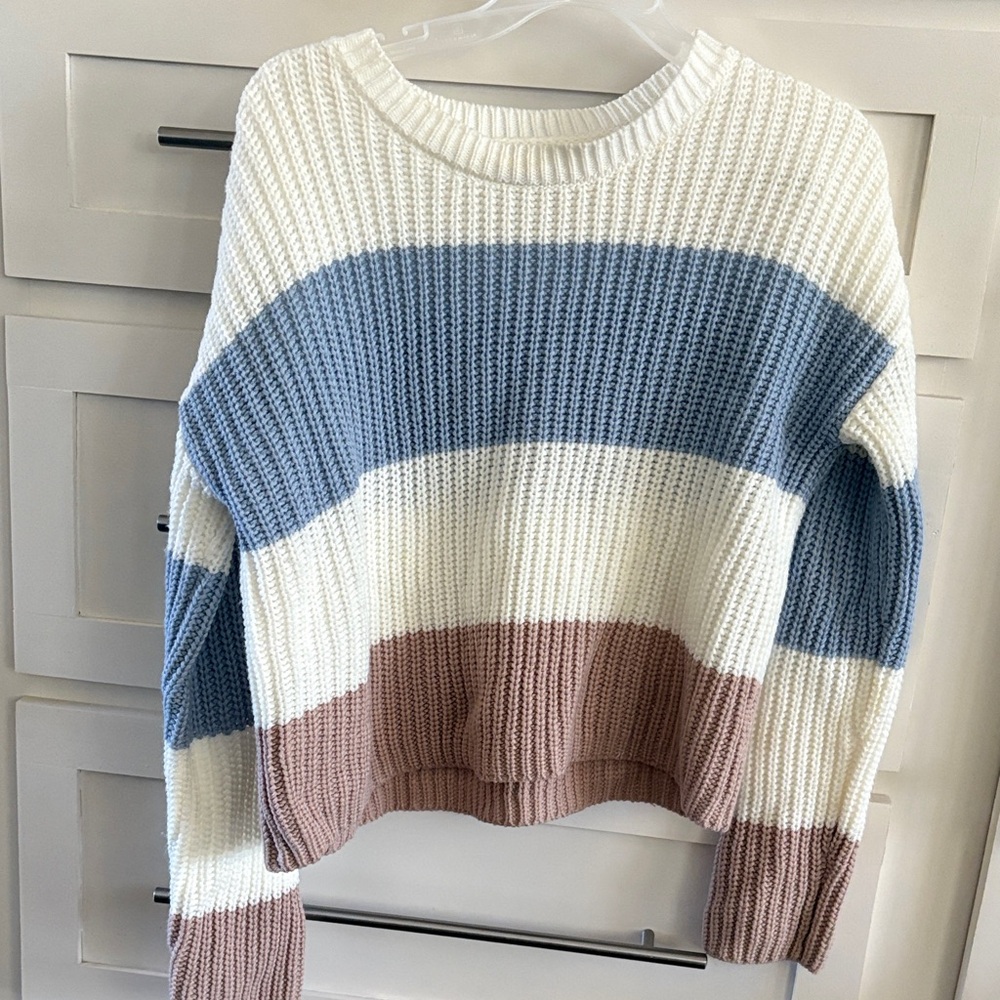 Striped Crewneck Sweater in Cream, Dusty Blue & Brown